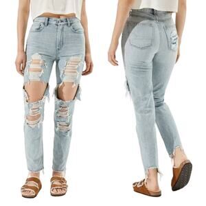 American Eagle Mom Jeans 11" High Rise Acid Wash Distressed Ripped Destroyed 0